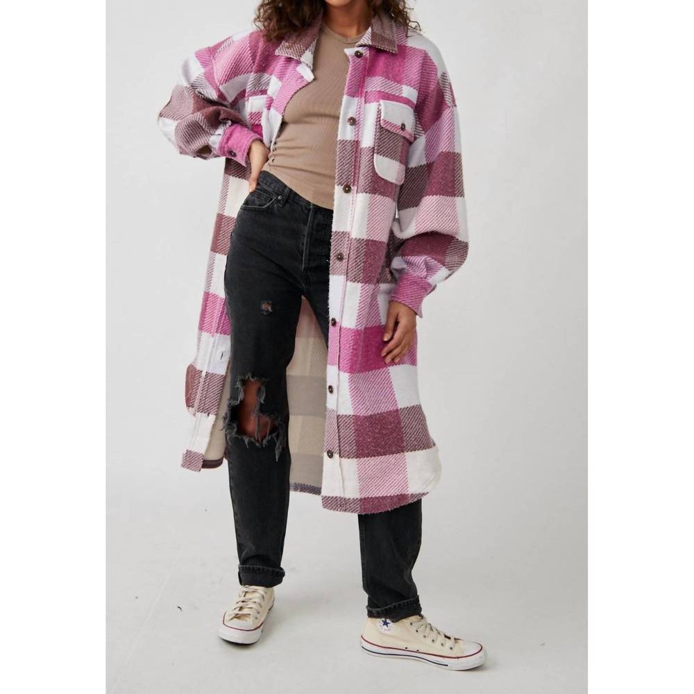 Free People Pink & White Plaid Long Utility Shacket